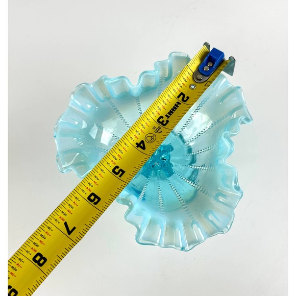 Vintage Fenton For LG Wright Blue Opalescent Beaded Footed Ruffled Edge Compote - Picture 11 of 14